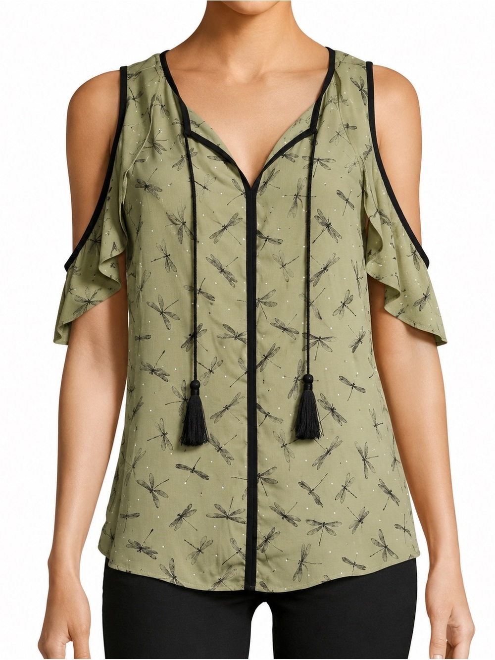 Libby Edelman Dragonfly Print Cold Shoulder Blouse S Olive Green Tassel V-Neck